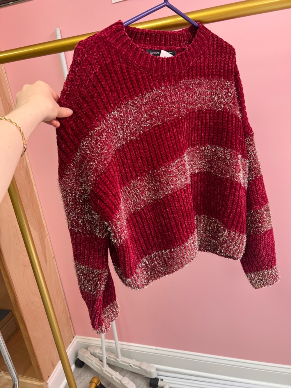 Cozy Red Metallic-Stripe Crewneck Sweater